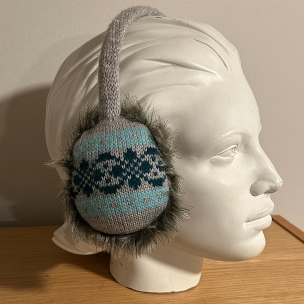 Gray and Blue Patterned knit adjustable Earmuffs